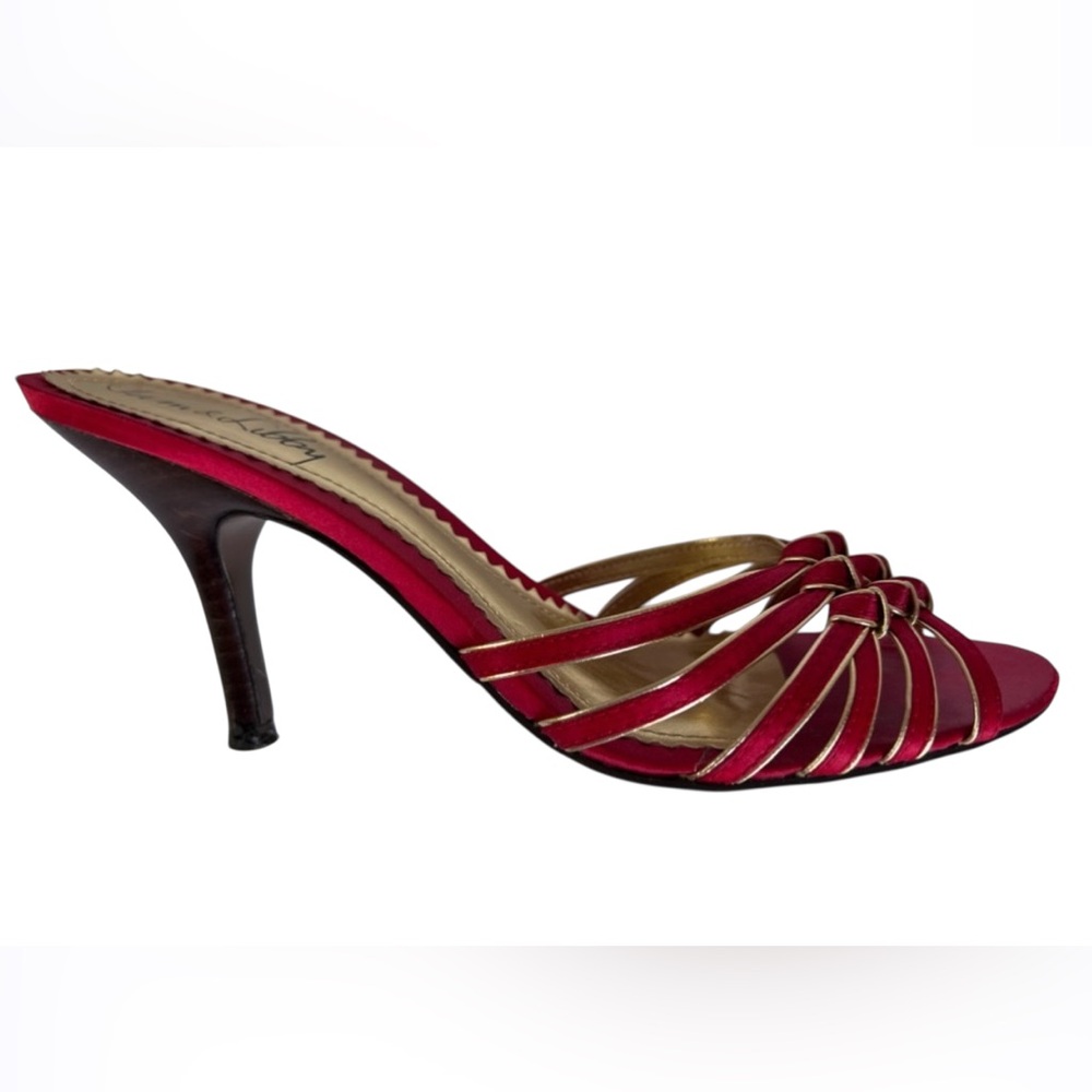 Sam & Libby Red/Gold Crisscross Christmas Holiday Strapless Heels Size 6.5 - Picture 2 of 8